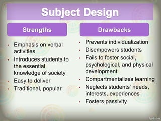 • Emphasis on verbal
activities
• Introduces students to
the essential
knowledge of society
• Easy to deliver
• Traditional, popular
• Prevents individualization
• Disempowers students
• Fails to foster social,
psychological, and physical
development
• Compartmentalizes learning
• Neglects students’ needs,
interests, experiences
• Fosters passivity
Strengths Drawbacks
 