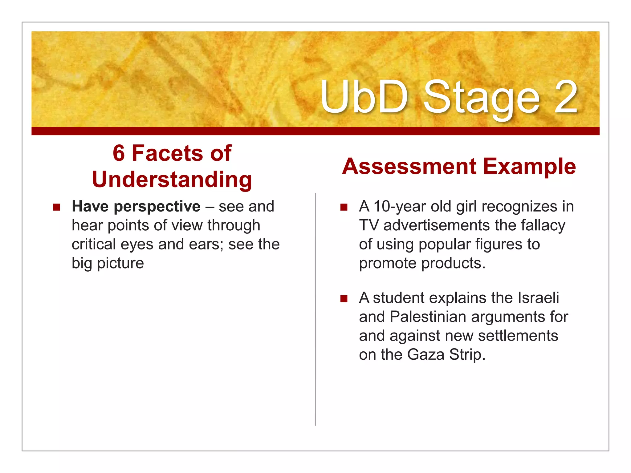 UbD Stage 26 Facets of UnderstandingHave perspective – see and hear points of view through critical eyes and ears; see the big pictureAssessment ExampleA 10-year old girl recognizes in TV advertisements the fallacy of using popular figures to promote products.A student explains the Israeli and Palestinian arguments for and against new settlements on the Gaza Strip.