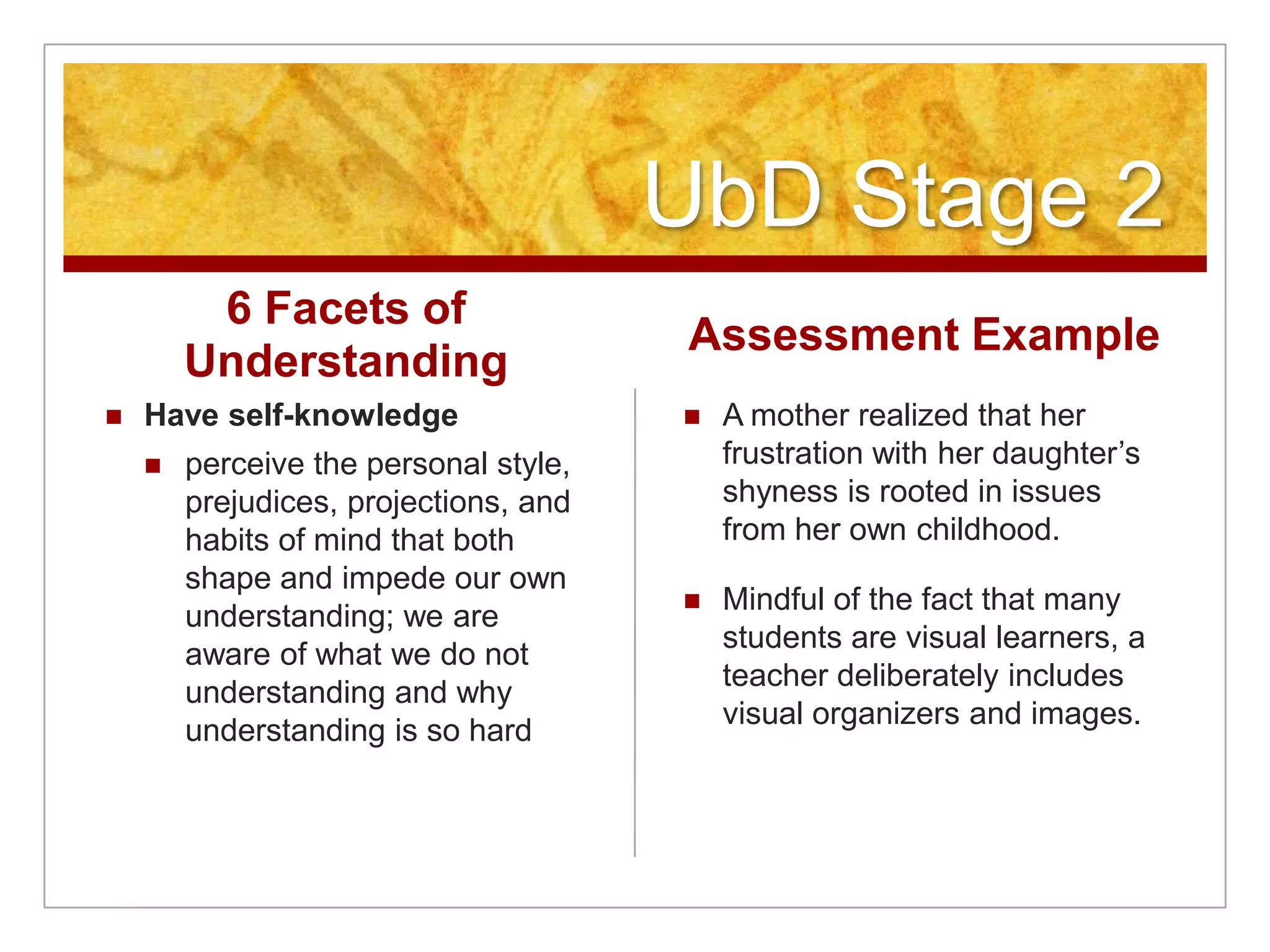 UbD Stage 26 Facets of UnderstandingHave self-knowledgeperceive the personal style, prejudices, projections, and habits of mind that both shape and impede our own understanding; we are aware of what we do not understanding and why understanding is so hardAssessment ExampleA mother realized that her frustration with her daughter’s shyness is rooted in issues from her own childhood.Mindful of the fact that many students are visual learners, a teacher deliberately includes visual organizers and images.