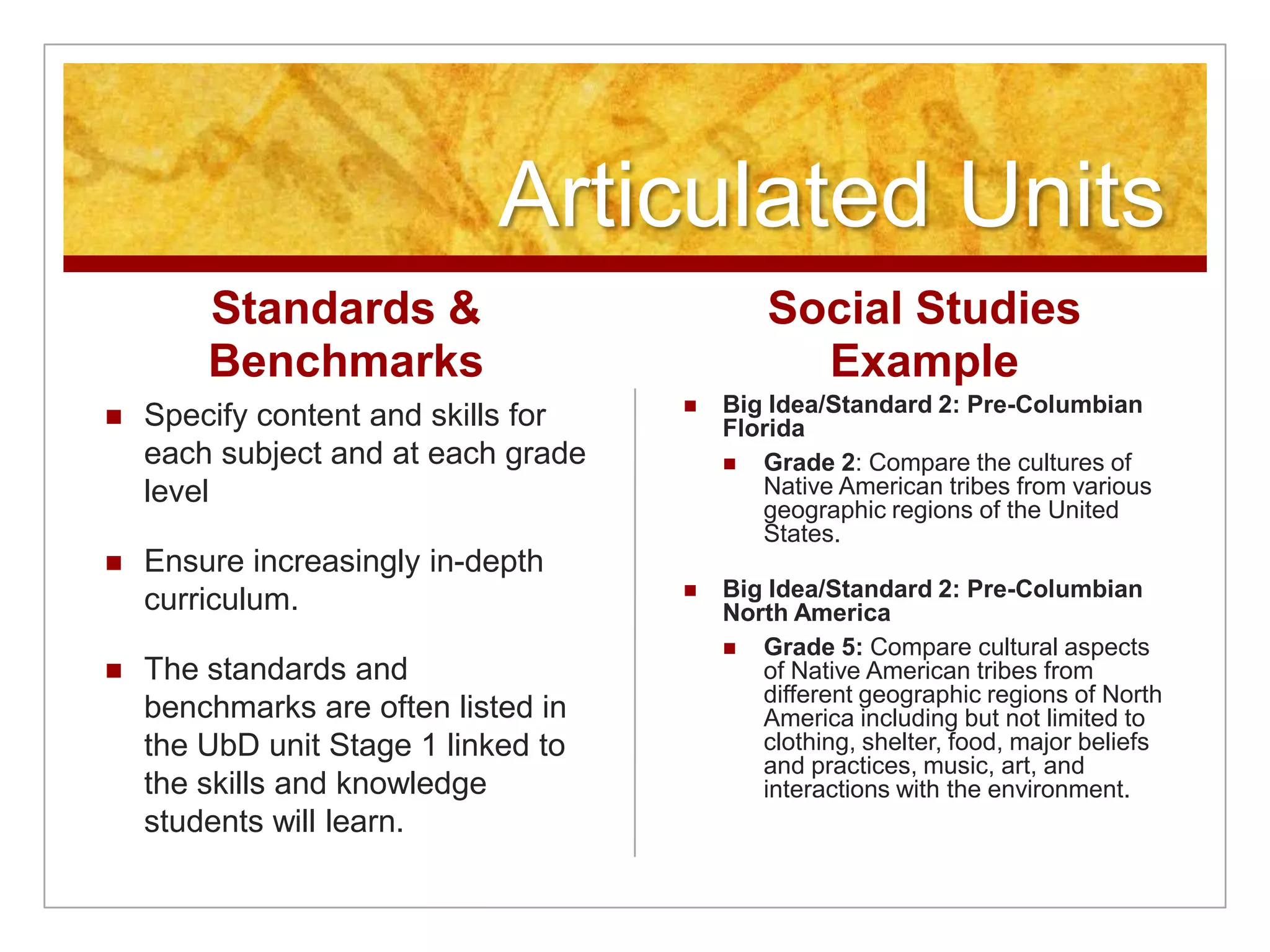 Articulated UnitsStandards & BenchmarksSpecify content and skills for each subject and at each grade levelEnsure increasingly in-depth curriculum.The standards and benchmarks are often listed in the UbD unit Stage 1 linked to the skills and knowledge students will learn.Social Studies ExampleBig Idea/Standard 2: Pre-Columbian Florida Grade 2: Compare the cultures of Native American tribes from various geographic regions of the United States. Big Idea/Standard 2: Pre-Columbian North America Grade 5: Compare cultural aspects of Native American tribes from different geographic regions of North America including but not limited to clothing, shelter, food, major beliefs and practices, music, art, and interactions with the environment.