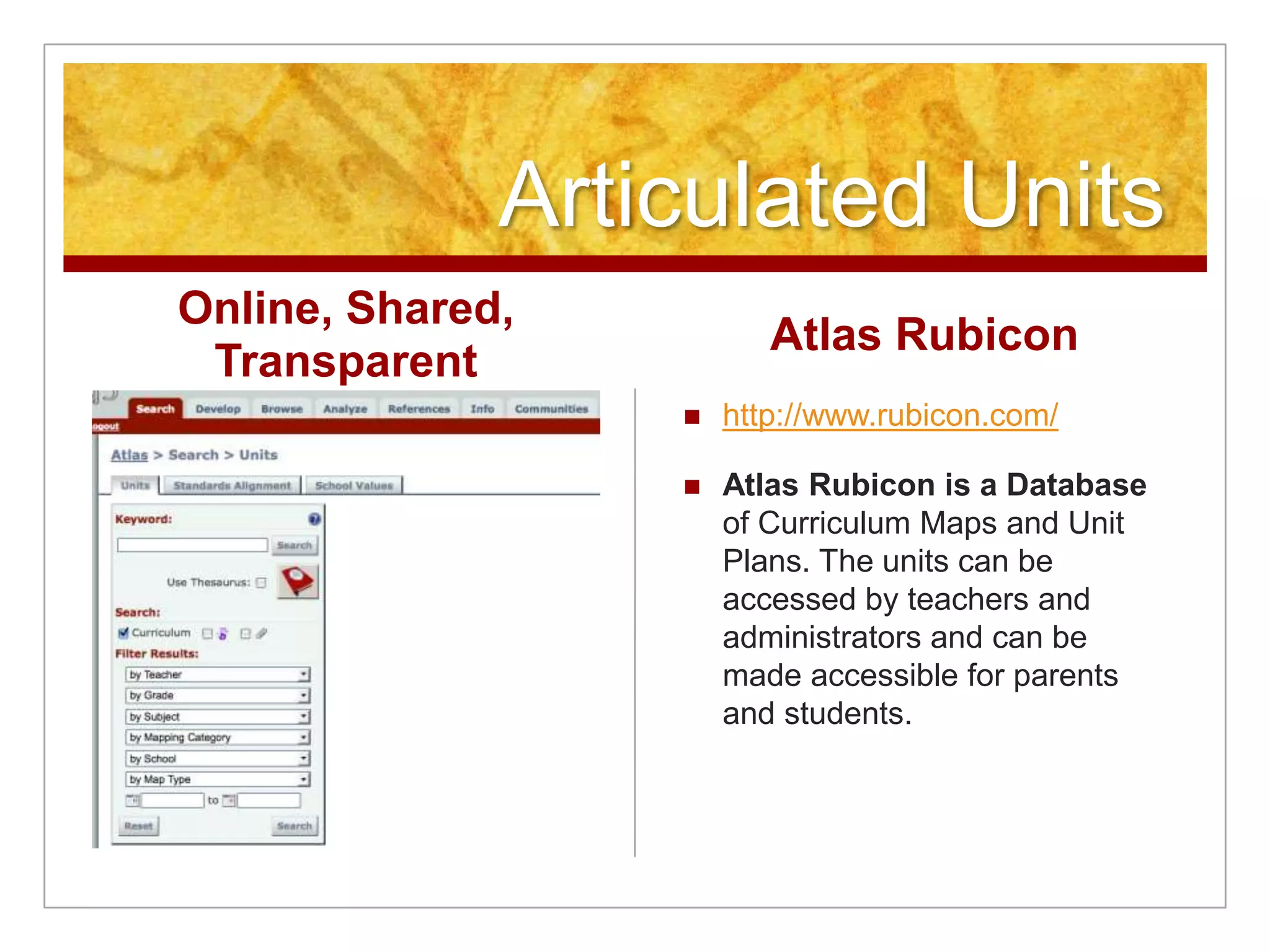 Articulated UnitsOnline, Shared, TransparentAtlas Rubiconhttp://www.rubicon.com/Atlas Rubicon is a Database of Curriculum Maps and Unit Plans. The units can be accessed by teachers and administrators and can be made accessible for parents and students.