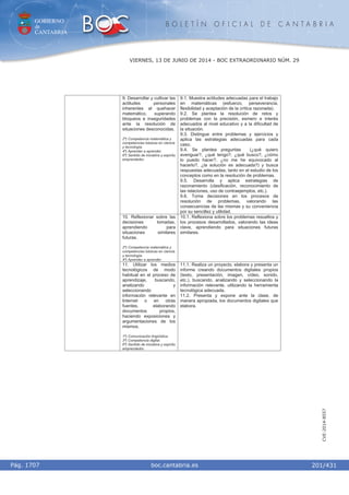 GOBIERNO
de
CANTABRIA
B O L E T Í N O F I C I A L D E C A N T A B R I A
i boc.cantabria.esPág. 1707
VIERNES, 13 DE JUNIO DE 2014 - BOC EXTRAORDINARIO NÚM. 29
201/431
CVE-2014-8557
9. Desarrollar y cultivar las
actitudes personales
inherentes al quehacer
matemático, superando
bloqueos e inseguridades
ante la resolución de
situaciones desconocidas.
2º) Competencia matemática y
competencias básicas en ciencia
y tecnología.
4º) Aprender a aprender.
6º) Sentido de iniciativa y espíritu
emprendedor.
9.1. Muestra actitudes adecuadas para el trabajo
en matemáticas (esfuerzo, perseverancia,
flexibilidad y aceptación de la crítica razonada).
9.2. Se plantea la resolución de retos y
problemas con la precisión, esmero e interés
adecuados al nivel educativo y a la dificultad de
la situación.
9.3. Distingue entre problemas y ejercicios y
aplica las estrategias adecuadas para cada
caso.
9.4. Se plantea preguntas (¿qué quiero
averiguar?, ¿qué tengo?, ¿qué busco?, ¿cómo
lo puedo hacer?, ¿no me he equivocado al
hacerlo?, ¿la solución es adecuada?) y busca
respuestas adecuadas, tanto en el estudio de los
conceptos como en la resolución de problemas.
9.5. Desarrolla y aplica estrategias de
razonamiento (clasificación, reconocimiento de
las relaciones, uso de contraejemplos, etc.).
9.6. Toma decisiones en los procesos de
resolución de problemas, valorando las
consecuencias de las mismas y su conveniencia
por su sencillez y utilidad.
10. Reflexionar sobre las
decisiones tomadas,
aprendiendo para
situaciones similares
futuras.
2º) Competencia matemática y
competencias básicas en ciencia
y tecnología.
4º) Aprender a aprender.
10.1. Reflexiona sobre los problemas resueltos y
los procesos desarrollados, valorando las ideas
clave, aprendiendo para situaciones futuras
similares.
11. Utilizar los medios
tecnológicos de modo
habitual en el proceso de
aprendizaje, buscando,
analizando y
seleccionando
información relevante en
Internet o en otras
fuentes, elaborando
documentos propios,
haciendo exposiciones y
argumentaciones de los
mismos.
1º) Comunicación lingüística.
3º) Competencia digital.
6º) Sentido de iniciativa y espíritu
emprendedor.
11.1. Realiza un proyecto, elabora y presenta un
informe creando documentos digitales propios
(texto, presentación, imagen, vídeo, sonido,
etc.), buscando, analizando y seleccionando la
información relevante, utilizando la herramienta
tecnológica adecuada.
11.2. Presenta y expone ante la clase, de
manera apropiada, los documentos digitales que
elabora.
 