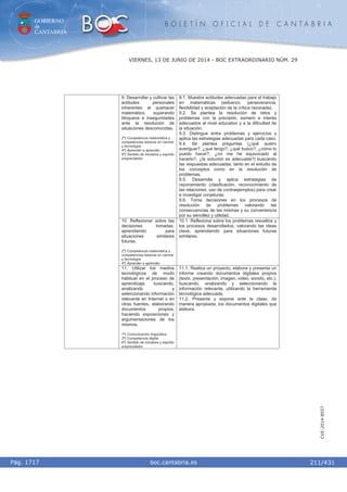 GOBIERNO
de
CANTABRIA
B O L E T Í N O F I C I A L D E C A N T A B R I A
i boc.cantabria.esPág. 1717
VIERNES, 13 DE JUNIO DE 2014 - BOC EXTRAORDINARIO NÚM. 29
211/431
CVE-2014-8557
9. Desarrollar y cultivar las
actitudes personales
inherentes al quehacer
matemático, superando
bloqueos e inseguridades
ante la resolución de
situaciones desconocidas.
2º) Competencia matemática y
competencias básicas en ciencia
y tecnología.
4º) Aprender a aprender.
6º) Sentido de iniciativa y espíritu
emprendedor.
9.1. Muestra actitudes adecuadas para el trabajo
en matemáticas (esfuerzo, perseverancia,
flexibilidad y aceptación de la crítica razonada).
9.2. Se plantea la resolución de retos y
problemas con la precisión, esmero e interés
adecuados al nivel educativo y a la dificultad de
la situación.
9.3. Distingue entre problemas y ejercicios y
aplica las estrategias adecuadas para cada caso.
9.4. Se plantea preguntas (¿qué quiero
averiguar?, ¿qué tengo?, ¿qué busco?, ¿cómo lo
puedo hacer?, ¿no me he equivocado al
hacerlo?, ¿la solución es adecuada?) buscando
las respuestas adecuadas, tanto en el estudio de
los conceptos como en la resolución de
problemas.
9.5. Desarrolla y aplica estrategias de
razonamiento (clasificación, reconocimiento de
las relaciones, uso de contraejemplos) para crear
e investigar conjeturas.
9.6. Toma decisiones en los procesos de
resolución de problemas valorando las
consecuencias de las mismas y su conveniencia
por su sencillez y utilidad.
10. Reflexionar sobre las
decisiones tomadas,
aprendiendo para
situaciones similares
futuras.
2º) Competencia matemática y
competencias básicas en ciencia
y tecnología.
4º) Aprender a aprender.
10.1. Reflexiona sobre los problemas resueltos y
los procesos desarrollados, valorando las ideas
clave, aprendiendo para situaciones futuras
similares.
11. Utilizar los medios
tecnológicos de modo
habitual en el proceso de
aprendizaje, buscando,
analizando y
seleccionando información
relevante en Internet o en
otras fuentes, elaborando
documentos propios,
haciendo exposiciones y
argumentaciones de los
mismos.
1º) Comunicación lingüística.
3º) Competencia digital.
6º) Sentido de iniciativa y espíritu
emprendedor.
11.1. Realiza un proyecto, elabora y presenta un
informe creando documentos digitales propios
(texto, presentación, imagen, video, sonido, etc.),
buscando, analizando y seleccionando la
información relevante, utilizando la herramienta
tecnológica adecuada.
11.2. Presenta y expone ante la clase, de
manera apropiada, los documentos digitales que
elabora.
 