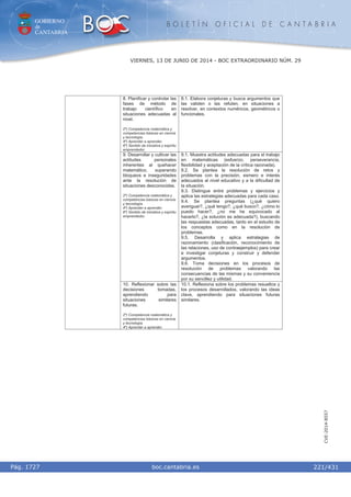 GOBIERNO
de
CANTABRIA
B O L E T Í N O F I C I A L D E C A N T A B R I A
i boc.cantabria.esPág. 1727
VIERNES, 13 DE JUNIO DE 2014 - BOC EXTRAORDINARIO NÚM. 29
221/431
CVE-2014-8557
8. Planificar y controlar las
fases de método de
trabajo científico en
situaciones adecuadas al
nivel.
2º) Competencia matemática y
competencias básicas en ciencia
y tecnología.
4º) Aprender a aprender.
6º) Sentido de iniciativa y espíritu
emprendedor.
8.1. Elabora conjeturas y busca argumentos que
las validen o las refuten, en situaciones a
resolver, en contextos numéricos, geométricos o
funcionales.
9. Desarrollar y cultivar las
actitudes personales
inherentes al quehacer
matemático, superando
bloqueos e inseguridades
ante la resolución de
situaciones desconocidas.
2º) Competencia matemática y
competencias básicas en ciencia
y tecnología.
4º) Aprender a aprender.
6º) Sentido de iniciativa y espíritu
emprendedor.
9.1. Muestra actitudes adecuadas para el trabajo
en matemáticas (esfuerzo, perseverancia,
flexibilidad y aceptación de la crítica razonada).
9.2. Se plantea la resolución de retos y
problemas con la precisión, esmero e interés
adecuados al nivel educativo y a la dificultad de
la situación.
9.3. Distingue entre problemas y ejercicios y
aplica las estrategias adecuadas para cada caso.
9.4. Se plantea preguntas (¿qué quiero
averiguar?, ¿qué tengo?, ¿qué busco?, ¿cómo lo
puedo hacer?, ¿no me he equivocado al
hacerlo?, ¿la solución es adecuada?), buscando
las respuestas adecuadas, tanto en el estudio de
los conceptos como en la resolución de
problemas.
9.5. Desarrolla y aplica estrategias de
razonamiento (clasificación, reconocimiento de
las relaciones, uso de contraejemplos) para crear
e investigar conjeturas y construir y defender
argumentos.
9.6. Toma decisiones en los procesos de
resolución de problemas valorando las
consecuencias de las mismas y su conveniencia
por su sencillez y utilidad.
10. Reflexionar sobre las
decisiones tomadas,
aprendiendo para
situaciones similares
futuras.
2º) Competencia matemática y
competencias básicas en ciencia
y tecnología.
4º) Aprender a aprender.
10.1. Reflexiona sobre los problemas resueltos y
los procesos desarrollados, valorando las ideas
clave, aprendiendo para situaciones futuras
similares.
 