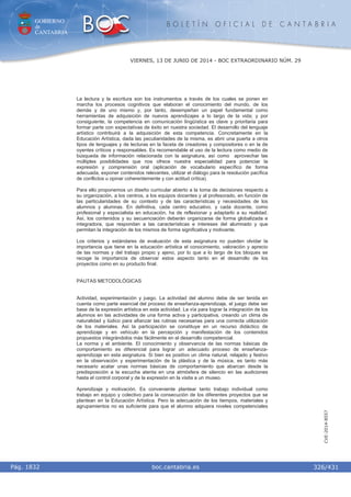 GOBIERNO
de
CANTABRIA
B O L E T Í N O F I C I A L D E C A N T A B R I A
i boc.cantabria.esPág. 1832
VIERNES, 13 DE JUNIO DE 2014 - BOC EXTRAORDINARIO NÚM. 29
326/431
CVE-2014-8557
La lectura y la escritura son los instrumentos a través de los cuales se ponen en
marcha los procesos cognitivos que elaboran el conocimiento del mundo, de los
demás y de uno mismo y, por tanto, desempeñan un papel fundamental como
herramientas de adquisición de nuevos aprendizajes a lo largo de la vida; y por
consiguiente, la competencia en comunicación lingüística es clave y prioritaria para
formar parte con expectativas de éxito en nuestra sociedad. El desarrollo del lenguaje
artístico contribuirá a la adquisición de esta competencia. Concretamente en la
Educación Artística, dada las peculiaridades de la misma, es abrir una puerta a otros
tipos de lenguajes y de lecturas en la faceta de creadores y compositores o en la de
oyentes críticos y responsables. Es recomendable el uso de la lectura como medio de
búsqueda de información relacionada con la asignatura, así como aprovechar las
múltiples posibilidades que nos ofrece nuestra especialidad para potenciar la
expresión y comprensión oral (aplicación de vocabulario específico de forma
adecuada, exponer contenidos relevantes, utilizar el diálogo para la resolución pacífica
de conflictos u opinar coherentemente y con actitud crítica).
Para ello proponemos un diseño curricular abierto a la toma de decisiones respecto a
su organización, a los centros, a los equipos docentes y al profesorado, en función de
las particularidades de su contexto y de las características y necesidades de los
alumnos y alumnas. En definitiva, cada centro educativo, y cada docente, como
profesional y especialista en educación, ha de reflexionar y adaptarlo a su realidad.
Así, los contenidos y su secuenciación deberán organizarse de forma globalizada e
integradora, que respondan a las características e intereses del alumnado y que
permitan la integración de los mismos de forma significativa y motivante.
Los criterios y estándares de evaluación de esta asignatura no pueden olvidar la
importancia que tiene en la educación artística el conocimiento, valoración y aprecio
de las normas y del trabajo propio y ajeno, por lo que a lo largo de los bloques se
recoge la importancia de observar estos aspecto tanto en el desarrollo de los
proyectos como en su producto final.
PAUTAS METODOLÓGICAS
Actividad, experimentación y juego. La actividad del alumno debe de ser tenida en
cuenta como parte esencial del proceso de enseñanza-aprendizaje, el juego debe ser
base de la expresión artística en esta actividad. La vía para lograr la integración de los
alumnos en las actividades de una forma activa y participativa, creando un clima de
naturalidad y lúdico para afianzar las rutinas necesarias para una correcta utilización
de los materiales. Así la participación se constituye en un recurso didáctico de
aprendizaje y en vehículo en la percepción y manifestación de los contenidos
propuestos integrándolos más fácilmente en el desarrollo competencial.
La norma y el ambiente. El conocimiento y observancia de las normas básicas de
comportamiento es diferencial para lograr un adecuado proceso de enseñanza-
aprendizaje en esta asignatura. Si bien es positivo un clima natural, relajado y festivo
en la observación y experimentación de la plástica y de la música, es tanto más
necesario acatar unas normas básicas de comportamiento que abarcan desde la
predisposición a la escucha atenta en una atmósfera de silencio en las audiciones
hasta el control corporal y de la expresión en la visita a un museo.
Aprendizaje y motivación. Es conveniente plantear tanto trabajo individual como
trabajo en equipo y colectivo para la consecución de los diferentes proyectos que se
plantean en la Educación Artística. Pero la adecuación de los tiempos, materiales y
agrupamientos no es suficiente para que el alumno adquiera niveles competenciales
 