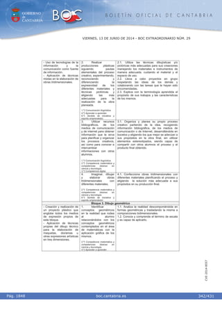 GOBIERNO
de
CANTABRIA
B O L E T Í N O F I C I A L D E C A N T A B R I A
i boc.cantabria.esPág. 1848
VIERNES, 13 DE JUNIO DE 2014 - BOC EXTRAORDINARIO NÚM. 29
342/431
CVE-2014-8557
2. Realizar
producciones plásticas
siguiendo pautas
elementales del proceso
creativo, experimentando,
reconociendo y
diferenciando la
expresividad de los
diferentes materiales y
técnicas pictóricas y
eligiendo las más
adecuadas para la
realización de la obra
planeada.
1.º) Comunicación lingüística.
4.º) Aprender a aprender.
6.º) Sentido de iniciativa y
espíritu emprendedor.
2.1. Utiliza las técnicas dibujísticas y/o
pictóricas más adecuadas para sus creaciones
manejando los materiales e instrumentos de
manera adecuada, cuidando el material y el
espacio de uso.
2.2. Lleva a cabo proyectos en grupo
respetando las ideas de los demás y
colaborando con las tareas que le hayan sido
encomendadas.
2.3. Explica con la terminología aprendida el
propósito de sus trabajos y las características
de los mismos.
3. Utilizar recursos
bibliográficos, de los
medios de comunicación
y de internet para obtener
información que le sirva
para planificar y organizar
los procesos creativos,
así como para conocer e
intercambiar
informaciones con otros
alumnos.
1.º) Comunicación lingüística.
2.º) Competencia matemática y
competencias básicas en
ciencia y tecnología.
3.º) Competencia digital.
3.1. Organiza y planea su propio proceso
creativo partiendo de la idea, recogiendo
información bibliográfica, de los medios de
comunicación o de Internet, desarrollándola en
bocetos y eligiendo los que mejor se adecúan a
sus propósitos en la obra final, sin utilizar
elementos estereotipados, siendo capaz de
compartir con otros alumnos el proceso y el
producto final obtenido.
- Uso de tecnologías de la
información y la
comunicación como fuente
de información.
- Aplicación de técnicas
mixtas en la elaboración de
obras tridimensionales.
4. Imaginar, dibujar
y elaborar obras
tridimensionales con
diferentes materiales.
2.º) Competencia matemática y
competencias básicas en
ciencia y tecnología.
6.º) Sentido de iniciativa y
espíritu emprendedor.
4.1. Confecciona obras tridimensionales con
diferentes materiales planificando el proceso y
eligiendo la solución más adecuada a sus
propósitos en su producción final.
Bloque 3. Dibujo geométrico
- Creación y realización de
un proyecto plástico que
englobe todos los medios
de expresión propios de
este bloque.
- Aplicación de técnicas
propias del dibujo técnico
para la elaboración de
maquetas, dioramas u
otras expresiones artísticas
en tres dimensiones.
1. Identificar
conceptos geométricos
en la realidad que rodea
al alumno
relacionándolos con los
conceptos geométricos
contemplados en el área
de matemáticas con la
aplicación gráfica de los
mismos.
2.º) Competencia matemática y
competencias básicas en
ciencia y tecnología.
4.º) Aprender a aprender.
1.1. Analiza la realidad descomponiéndola en
formas geométricas y trasladando la misma a
composiciones bidimensionales.
1.2. Conoce y comprende el término de escala
y es capaz de aplicarlo.
 