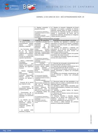 GOBIERNO
de
CANTABRIA
B O L E T Í N O F I C I A L D E C A N T A B R I A
i boc.cantabria.esPág. 1548
VIERNES, 13 DE JUNIO DE 2014 - BOC EXTRAORDINARIO NÚM. 29
42/431
CVE-2014-8557
4. Realizar proyectos y
presenta informes.
2º) Competencia matemática y
competencias básicas en ciencia
y tecnología.
4º) Aprender a aprender.
6º) Sentido de iniciativa y espíritu
emprendedor.
4.1. Realiza un proyecto, trabajando de forma
individual o en equipo y presenta un informe,
utilizando soporte papel y/o digital, recogiendo
información de diferentes fuentes con diversos
medios y comunicando de forma oral la
experiencia realizada, apoyándose en imágenes
y textos escritos y gráficos.
Bloque 2. El ser humano y la salud
Contenidos Criterios de evaluación Estándares de aprendizaje evaluables
1. Identificar y localizar los
principales órganos
implicados en la
realización de las
funciones vitales del
cuerpo humano,
estableciendo algunas
relaciones fundamentales
entre ellas y determinados
hábitos de salud.
2º) Competencia matemática y
competencias básicas en ciencia
y tecnología.
4º) Aprender a aprender.
1.1. Identifica los aparatos y sistemas que
intervienen en la función de relación y establece
relaciones de dicha función con determinados
hábitos de salud.
1.2. Identifica los aparatos y sistemas que
intervienen en la función de reproducción y
establece relaciones de dicha función con
determinados hábitos de salud.
1.3. Localiza los principales órganos del aparato
reproductor del cuerpo humano.
1.4. Localiza los principales órganos del sistema
nervioso del cuerpo humano.
2. Conocer el
funcionamiento del cuerpo
humano: células, tejidos,
órganos, aparatos y
sistemas (localización,
forma, estructura,
funciones, etc.).
1º) Comunicación lingüística.
2º) Competencia matemática y
competencias básicas en ciencia
y tecnología.
4º) Aprender a aprender.
2.1. Describe las principales características de la
función de relación del ser humano.
2.2. Describe las principales características de la
función de reproducción del ser humano.
2.3. Identifica las principales características del
aparato reproductor y explica sus principales
funciones.
2.4. Identifica las principales características del
sistema nervioso y explica sus principales
funciones.
- El cuerpo humano y su
funcionamiento: células,
tejidos, órganos,
aparatos y sistemas.
- Las funciones vitales
en el ser humano:
Función de relación
(órganos de los sentidos,
sistema nervioso).
Función de reproducción
(aparato reproductor).
- Salud y enfermedad.
Principales
enfermedades que
afectan a los aparatos y
sistemas del organismo
humano.
- Hábitos saludables
para prevenir
enfermedades. La
conducta responsable.
Efectos nocivos del
consumo de alcohol y
drogas.
- Avances de la ciencia
que mejoran la vida.
- Conocimiento de
actuaciones básicas de
primeros auxilios.
- Conocimiento de sí
mismo y los demás. La
identidad y la autonomía
personal.
- La relación con los
demás. La toma de
decisiones: criterios y
consecuencias. La
resolución pacífica de
conflictos.
- La igualdad entre
hombres y mujeres.
3. Relacionar
determinadas prácticas de
vida con el adecuado
funcionamiento del
cuerpo, sabiendo las
repercusiones para la
salud de su modo de vida
y adoptando estilos de
vida saludables.
2º) Competencia matemática y
competencias básicas en ciencia
y tecnología.
4º) Aprender a aprender.
5º) Competencias sociales y
cívicas.
3.1. Reconoce estilos de vida saludables y sus
efectos sobre el cuidado y mantenimiento de los
diferentes órganos y aparatos.
3.2. Identifica y valora hábitos saludables para
prevenir enfermedades y mantiene una conducta
responsable.
3.3. Identifica y adopta hábitos de higiene,
cuidado y descanso.
3.4. Reconoce los efectos nocivos del consumo
de alcohol y drogas.
3.5. Observa, identifica y describe algunos
avances de la ciencia que mejoran la salud
(medicina, producción y conservación de
alimentos, potabilización del agua, etc.).
3.6. Conoce y utiliza técnicas de primeros
auxilios en situaciones simuladas.
 