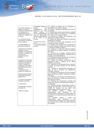 GOBIERNO
de
CANTABRIA
B O L E T Í N O F I C I A L D E C A N T A B R I A
i boc.cantabria.esPág. 1592
VIERNES, 13 DE JUNIO DE 2014 - BOC EXTRAORDINARIO NÚM. 29
86/431
CVE-2014-8557
-Los reinos cristianos: su
origen y proceso de
formación, la Reconquista
y la repoblación, la
organización social, el
Camino de Santiago, arte
y cultura.
-La convivencia de las
tres culturas: musulmana,
judía y cristiana.
-La Edad Moderna: La
Monarquía Hispánica.
-El Reinado de los Reyes
Católicos: la unión
dinástica, la conquista de
Granada, la expulsión de
los judíos, el
descubrimiento de
América.
-El auge de la monarquía
hispánica en el siglo XVI
durante los reinados de
Carlos I y Felipe II; la
organización del Imperio;
los problemas internos y
externos.
La decadencia del
imperio en el siglo XVII.
-Renacimiento y Barroco:
las grandes figuras del
Siglo de Oro.
-La Guerra de Sucesión y
el tratado de Utrecht.
-La Ilustración.
-El Despotismo Ilustrado
de Carlos III.
-Goya y su tiempo.
2. Identificar, localizar y
explicar las
características más
relevantes de cada
tiempo histórico y
ciertos acontecimientos
que han determinado
cambios fundamentales
en el rumbo de la
Historia.
5º) Competencias sociales y
cívicas.
1º) Comunicación lingüística.
7º) Conciencia y expresiones
culturales.
2.1. Explica el proceso de la reconquista y
repoblación de los reinos cristianos.
2.2. Valora y describe la importancia del Camino
de Santiago.
2.3. Explica cómo estaba estructurada la sociedad
en la Edad Media y su relación con la propiedad
de la Tierra como símbolo de poder.
2.4. Describe los hechos más destacados del
reinado de los Reyes Católicos.
2.5. Explica las causas que motivaron las grandes
expediciones marítimas.
2.6. Explica los hechos más importantes de los
reinados de Carlos I y Felipe II.
2.7. Identifica los territorios que comprendía la
monarquía hispánica durante el reinado de Carlos
I y durante el reinado de Felipe II.
2.8. Localiza en un mapa los territorios europeos
que comprendía el imperio hispánico en tiempos
de Carlos I.
2.9. Enumera las principales transformaciones
sociales, económicas, políticas y culturales que se
produjeron en la Edad Moderna.
2.10. Describe la estructura social de los territorios
peninsulares en los siglos XVI y XVII.
2.11. Evalúa los perjuicios ocasionados por la
intolerancia social y religiosa de los Reyes
Católicos y los Austrias.
2.12. Describe los acontecimientos que marcaron
el declive del Imperio español con los Austrias
menores.
2.13. Explica las características principales del
Siglo de Oro y reconoce sus aportaciones
culturales y artísticas.
2.14. Describe las aportaciones de las principales
figuras del Barroco español: Velázquez y Murillo,
entre otros.
2.15. Reconoce a los bandos contendientes en la
Guerra de Sucesión y analiza las consecuencias
del Tratado de Utrecht.
2.16. Describe las características generales del
reinado de Carlos III, del Despotismo Ilustrado y
su significado.
2.17. Identifica algunas características sociales y
políticas del siglo XVIII a través del estudio y el
análisis de algunas de las obras más
representativas de la producción de Goya.
2.18. Identifica, localiza y explica las
características más relevantes y los
acontecimientos principales de la Edad Media en
el territorio de la actual Comunidad Autónoma de
Cantabria.
2.19. Identifica, localiza y explica las
características más relevantes y los
acontecimientos principales de la Edad Moderna
en el territorio de la actual Comunidad Autónoma
de Cantabria.
 
