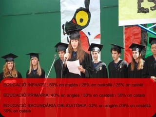 EDUCACIÓ INFANTIL: 50% en anglès / 25% en castellà / 25% en català EDUCACIÓ PRIMÀRIA: 40% en anglès / 30% en castellà / 30% en català EDUCACIÓ SECUNDÀRIA OBLIGATÒRIA: 22% en anglès /39% en castellà 39% en català 