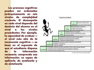 Los procesos cognitivos
pueden ser ordenados
jerárquicamente en seis
niveles de complejidad
creciente. El desempeño
en cada nivel depende del
dominio del alumno en el
nivel o los niveles
precedentes. Por ejemplo,
la capacidad de evaluar —
el nivel más alto de la
taxonomía cognitiva — se
basa en el supuesto de
que el estudiante dispone
de la información
necesaria, comprende esa
información, es capaz de
aplicarla, de analizarla y
de sintetizarla
 