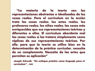“La materia de la teoría son las
representaciones abstractas o idealizadas de las
cosas reales. Pero el currículum en la acción
trata las cosas reales, los actos reales, los
profesores reales, los niños reales, las cosas más
enriquecidas que sus representaciones teóricas y
diferentes a ellas. El currículum abordaría mal
las cosas reales si las tratara simplemente como
réplicas de sus representaciones teóricas. Por
ello, para que la teoría se utilice bien en la
determinación de la práctica curricular, necesita
de un complemento. Necesita de las artes que
permitan su aplicación”
Joseph Schwab: “Un enfoque práctico como lenguaje para el
currículum” , 1989
 