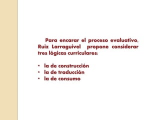 Para encarar el proceso evaluativo,
Ruiz Larraguivel propone considerar
tres lógicas curriculares:
• la de construcción
• la de traducción
• la de consumo
 