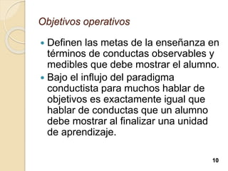 Objetivos operativos
 Definen las metas de la enseñanza en
términos de conductas observables y
medibles que debe mostrar el alumno.
 Bajo el influjo del paradigma
conductista para muchos hablar de
objetivos es exactamente igual que
hablar de conductas que un alumno
debe mostrar al finalizar una unidad
de aprendizaje.
10
 
