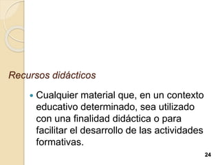 Recursos didácticos
 Cualquier material que, en un contexto
educativo determinado, sea utilizado
con una finalidad didáctica o para
facilitar el desarrollo de las actividades
formativas.
24
 