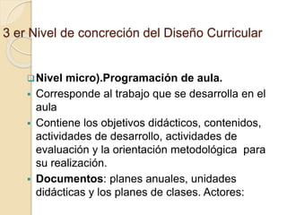3 er Nivel de concreción del Diseño Curricular
Nivel micro).Programación de aula.
 Corresponde al trabajo que se desarrolla en el
aula
 Contiene los objetivos didácticos, contenidos,
actividades de desarrollo, actividades de
evaluación y la orientación metodológica para
su realización.
 Documentos: planes anuales, unidades
didácticas y los planes de clases. Actores:
 