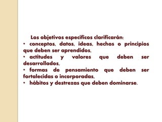 Los objetivos específicos clarificarán:
• conceptos, datos, ideas, hechos o principios
que deben ser aprendidos,
• actitudes y valores que deben ser
desarrollados,
• formas de pensamiento que deben ser
fortalecidas o incorporadas,
• hábitos y destrezas que deben dominarse.
 