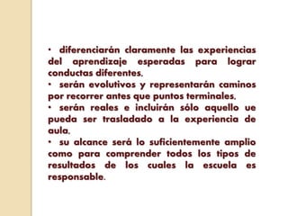 • diferenciarán claramente las experiencias
del aprendizaje esperadas para lograr
conductas diferentes,
• serán evolutivos y representarán caminos
por recorrer antes que puntos terminales,
• serán reales e incluirán sólo aquello ue
pueda ser trasladado a la experiencia de
aula,
• su alcance será lo suficientemente amplio
como para comprender todos los tipos de
resultados de los cuales la escuela es
responsable.
 
