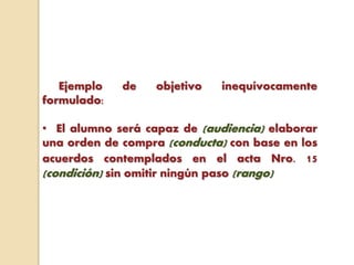 Ejemplo de objetivo inequívocamente
formulado:
• El alumno será capaz de (audiencia) elaborar
una orden de compra (conducta) con base en los
acuerdos contemplados en el acta Nro. 15
(condición) sin omitir ningún paso (rango)
 