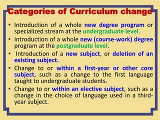 Categories of Curriculum change
• Introduction of a whole new degree program or
specialized stream at the undergraduate level.
• Introduction of a whole new (course-work) degree
program at the postgraduate level.
• Introduction of a new subject, or deletion of an
existing subject.
• Change to or within a first-year or other core
subject, such as a change to the first language
taught to undergraduate students.
• Change to or within an elective subject, such as a
change in the choice of language used in a third-
year subject.
 