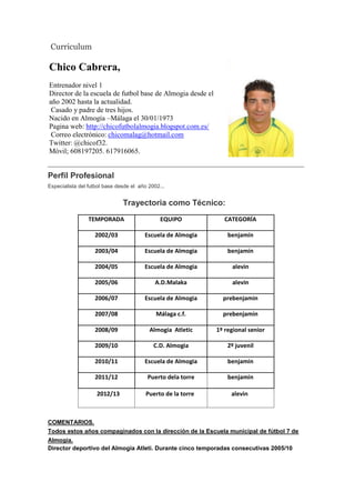 Curriculum

Chico Cabrera,
Entrenador nivel 1
Director de la escuela de futbol base de Almogia desde el
año 2002 hasta la actualidad.
 Casado y padre de tres hijos.
Nacido en Almogia –Málaga el 30/01/1973
Pagina web: http://chicofutbolalmogia.blogspot.com.es/
 Correo electrónico: chicomalag@hotmail.com
Twitter: @chicof32.
Móvil; 608197205. 617916065.


Perfil Profesional
Especialista del futbol base desde el año 2002...


                               Trayectoria como Técnico:
                 TEMPORADA                     EQUIPO            CATEGORÍA

                   2002/03              Escuela de Almogia        benjamín

                   2003/04              Escuela de Almogia        benjamín

                   2004/05              Escuela de Almogia         alevin

                   2005/06                   A.D.Malaka            alevin

                   2006/07              Escuela de Almogia      prebenjamin

                   2007/08                   Málaga c.f.        prebenjamin

                   2008/09                Almogia Atletic     1º regional senior

                   2009/10                  C.D. Almogia          2º juvenil

                   2010/11              Escuela de Almogia        benjamin

                   2011/12               Puerto dela torre        benjamin

                    2012/13              Puerto de la torre        alevin



COMENTARIOS.
Todos estos años compaginados con la dirección de la Escuela municipal de fútbol 7 de
Almogia.
Director deportivo del Almogia Atleti. Durante cinco temporadas consecutivas 2005/10
 