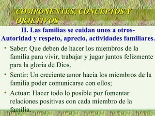 Saber: Que deben de hacer los miembros de la familia para vivir, trabajar y jugar juntos felizmente para la gloria de Dios. Sentir: Un creciente amor hacia los miembros de la familia poder comunicarse con ellos; Actuar: Hacer todo lo posible por fomentar relaciones positivas con cada miembro de la familia. COMPONENTES, CONCEPTOS Y OBJETIVOS II. Las familias se cuidan unos a otros- Autoridad y respeto, aprecio, actividades familiares. 