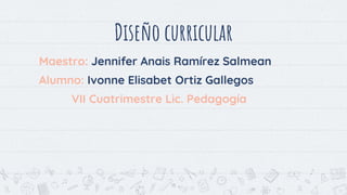 Diseño curricular
Maestro: Jennifer Anais Ramírez Salmean
Alumno: Ivonne Elisabet Ortiz Gallegos
VII Cuatrimestre Lic. Pedagogía
13
 