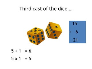 Third cast of the dice …
5 + 1 = 6
5 x 1 = 5
15
+ 6
21
 