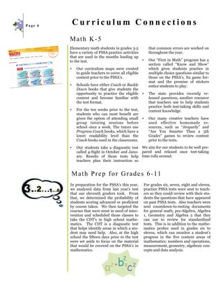Page 6
             Curriculum Connections
         Math K-5
         Elementary math students in grades 3-5          that common errors are worked on
         have a variety of PSSA practice activities      throughout the year.
         that are used in the months leading up
         to the test.                               ∗    Our “First in Math” program has a
                                                         section called “Know and Show”
         ∗   Our curriculum maps were created            which gives students practice in
             to guide teachers to cover all eligible     multiple choice questions similar to
             content prior to the PSSA’s.                those on the PSSA’s. Its game for-
                                                         mat and the promise of stickers
         ∗   Schools have either Coach or Buckle         entice students to play.
             Down books that give students the
             opportunity to practice the eligible ∗      The state provides recently re-
             content and become familiar with            leased questions, another resource
             the test format.                            that teachers use to help students
                                                         practice both test-taking skills and
         ∗   For the ten weeks prior to the test,        content knowledge.
             students who can most benefit are
             given the option of attending small ∗       Our many creative teachers have
             group tutoring sessions before              used effective homemade re-
             school once a week. The tutors use          sources, such as “Jeopardy” and
             Progress Coach books, which have a          “Are You Smarter Than a 5th
             lower readability level than the            Grader” games to review content
             Coach books used in the classrooms.         prior to the tests.
         ∗   Our students take a diagnostic test We aim for our students to be well pre-
             called 4-Sight in October and Janu- pared and relaxed once test-taking
             ary. Results of those tests help time rolls around.
             teachers plan their instruction so


         M a t h P r e p f o r G r a d e s 6 - 11
         In preparation for the PSSA’s this year,      For grades six, seven, eight and eleven,
         we analyzed data from last year’s test        practice PSSA tests were sent to teach-
         that our eleventh graders took. From          ers so they could review with their stu-
         that, we determined the probability of        dents the questions that have appeared
         students scoring advanced or proficient       on past PSSA tests. Also teachers were
         by course taken. We then targeted the         sent countdown-to-testing documents
         courses that were most in need of inter-      for general math, pre-Algebra, Algebra
         vention and scheduled those classes to        1, Geometry and Algebra 2 that they
         take the CDT’s in high school mathe-          can use to review for standardized
         matics. The CDT is a diagnostic test          tests. This is in addition to the mathe-
         that helps identify areas in which a stu-     matics probes used in grades six to
         dent may need help. Also, at the high         eleven, which can monitor a student’s
         school the fifteen days prior to the test     progress in the five content areas of
         were set aside to focus on the material       mathematics: numbers and operations,
         that would be covered on the PSSA’s in        measurement, geometry, algebraic con-
         mathematics.                                  cepts and data analysis.
 