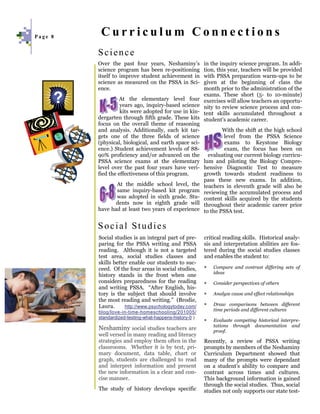 Page 8
          Curriculum Connections
         Science
         Over the past four years, Neshaminy’s           in the inquiry science program. In addi-
         science program has been re-positioning         tion, this year, teachers will be provided
         itself to improve student achievement in        with PSSA preparation warm-ups to be
         science as measured on the PSSA in Sci-         given at the beginning of class the
         ence.                                           month prior to the administration of the
                                                         exams. These short (5- to 10-minute)
                   At the elementary level four          exercises will allow teachers an opportu-
                   years ago, inquiry-based science      nity to review science process and con-
                   kits were adopted for use in kin-     tent skills accumulated throughout a
         dergarten through fifth grade. These kits       student’s academic career.
         focus on the overall theme of reasoning
         and analysis. Additionally, each kit tar-          With the shift at the high school
         gets one of the three fields of science             level from the PSSA Science
         (physical, biological, and earth space sci-         exams to Keystone Biology
         ence.) Student achievement levels of 88-            exam, the focus has been on
         90% proficiency and/or advanced on the        evaluating our current biology curricu-
         PSSA science exams at the elementary lum and piloting the Biology Compre-
         level over the past four years have veri- hensive Diagnostic Test to measure
         fied the effectiveness of this program.     growth towards student readiness to
                                                     pass these new exams. In addition,
                 At the middle school level, the teachers in eleventh grade will also be
                  same inquiry-based kit program reviewing the accumulated process and
                  was adopted in sixth grade. Stu- content skills acquired by the students
                 dents now in eighth grade will throughout their academic career prior
         have had at least two years of experience to the PSSA test.


         Social Studies
         Social studies is an integral part of pre-      critical reading skills. Historical analy-
         paring for the PSSA writing and PSSA            sis and interpretation abilities are fos-
         reading. Although it is not a targeted          tered during the social studies classes
         test area, social studies classes and           and enables the student to:
         skills better enable our students to suc-
         ceed. Of the four areas in social studies,      ∗   Compare and contrast differing sets of
                                                             ideas
         history stands in the front when one
         considers preparedness for the reading          ∗   Consider perspectives of others
         and writing PSSA. “After English, his-
         tory is the subject that should involve         ∗   Analyze cause and effect relationships
         the most reading and writing.” (Brodie,
         Laura.      http://www.psychologytoday.com/     ∗   Draw comparisons between different
         blog/love-in-time-homeschooling/201005/             time periods and different cultures
         standardized-testing-what-happens-history-0 )
                                                         ∗   Evaluate competing historical interpre-
                                                             tations through documentation and
         Neshaminy social studies teachers are               proof.
         well versed in many reading and literacy
         strategies and employ them often in the         Recently, a review of PSSA writing
         classrooms. Whether it is by text, pri-         prompts by members of the Neshaminy
         mary document, data table, chart or             Curriculum Department showed that
         graph, students are challenged to read          many of the prompts were dependant
         and interpret information and present           on a student’s ability to compare and
         the new information in a clear and con-         contrast across times and cultures.
         cise manner.                                    This background information is gained
                                                         through the social studies. Thus, social
         The study of history develops specific          studies not only supports our state test-
 