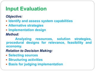 Input Evaluation
Objective:
 Identify and assess system capabilities
 Alternative strategies
 Implementation design
Method:
Analyzing resources, solution strategies,
procedural designs for relevance, feasibility and
economy.
Relation to Decision Making:
 Selecting sources
 Structuring activities
 Basis for judging implementation
 