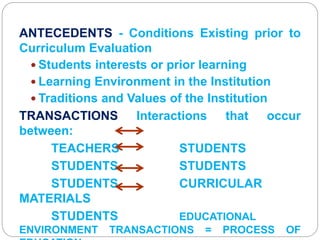 ANTECEDENTS - Conditions Existing prior to
Curriculum Evaluation
 Students interests or prior learning
 Learning Environment in the Institution
 Traditions and Values of the Institution
TRANSACTIONS Interactions that occur
between:
TEACHERS STUDENTS
STUDENTS STUDENTS
STUDENTS CURRICULAR
MATERIALS
STUDENTS EDUCATIONAL
ENVIRONMENT TRANSACTIONS = PROCESS OF
 