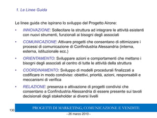 130 Progetto AIRONE
- 26 marzo 2010 -
1. Le Linee Guida
Le linee guida che ispirano lo sviluppo del Progetto Airone:
• INNOVAZIONE: Sollecitare la struttura ad integrare le attività esistenti
con nuovi strumenti, funzionali ai bisogni degli associati
• COMUNICAZIONE: Attivare progetti che consentano di ottimizzare i
processi di comunicazione di Confindustria Alessandria (interna,
esterna, istituzionale ecc.)
• ORIENTAMENTO: Sviluppare azioni e comportamenti che mettano i
bisogni degli associati al centro di tutte le attività della struttura
• COORDINAMENTO: Sviluppo di modelli procedurali finalizzati a
codificare in modo condiviso: obiettivi, priorità, azioni, responsabili e
meccanismi di verifica
• RELAZIONE: presenza e attivazione di progetti condivisi che
consentano a Confindustria Alessandria di essere presente sui tavoli
decisionali degli stakeholder ai diversi livelli
PROGETTI DI MARKETING, COMUNICAZIONE E VENDITE
 