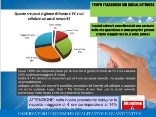 298
Quasi il 60% del campione passa più di due ore al giorno di fronte al PC e sul cellulare
(30% addirittura maggiore di 4 ore).
Inoltre il 14% dichiara di trascorrere più di 4 ore sui social network, ma questo risultato
va probabilmente
collegato al fatto che oramai è possibile connettersi ad internet dal cellulare a qualsiasi
ora ed in qualsiasi luogo. Solo l’ 1% dichiara di non fare uso di social network,
percentuale molto bassa e che sicuramente fa discutere.
ATTENZIONE: nella nostra precedente indagine la
risposta maggiore di 4 ore corrispondeva al 14%
mentre ora corrisponde al 29%
TEMPO TRASCORSO SUI SOCIAL NETWORK
I social network sono diventati una costante
della vita quotidiana e sono proprio i giovani
a farne maggior uso (e, a volte, abuso).
298
Gabriele Micozzi Universita’ Politecnica delle Marche
 