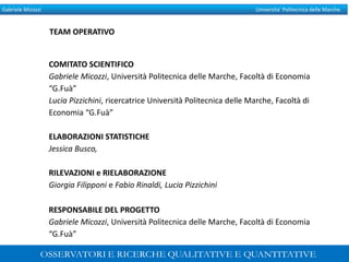 Gabriele Micozzi Universita’ Politecnica delle Marche
303
COMITATO SCIENTIFICO
Gabriele Micozzi, Università Politecnica delle Marche, Facoltà di Economia
“G.Fuà”
Lucia Pizzichini, ricercatrice Università Politecnica delle Marche, Facoltà di
Economia “G.Fuà”
ELABORAZIONI STATISTICHE
Jessica Busco,
RILEVAZIONI e RIELABORAZIONE
Giorgia Filipponi e Fabio Rinaldi, Lucia Pizzichini
RESPONSABILE DEL PROGETTO
Gabriele Micozzi, Università Politecnica delle Marche, Facoltà di Economia
“G.Fuà”
TEAM OPERATIVO
 