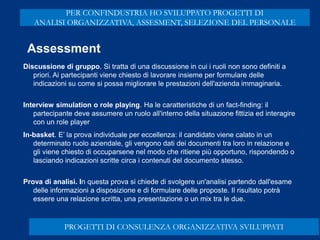Discussione di gruppo. Si tratta di una discussione in cui i ruoli non sono definiti a
priori. Ai partecipanti viene chiesto di lavorare insieme per formulare delle
indicazioni su come si possa migliorare le prestazioni dell'azienda immaginaria.
Interview simulation o role playing. Ha le caratteristiche di un fact-finding: il
partecipante deve assumere un ruolo all'interno della situazione fittizia ed interagire
con un role player
In-basket. E’ la prova individuale per eccellenza: il candidato viene calato in un
determinato ruolo aziendale, gli vengono dati dei documenti tra loro in relazione e
gli viene chiesto di occuparsene nel modo che ritiene più opportuno, rispondendo o
lasciando indicazioni scritte circa i contenuti del documento stesso.
Prova di analisi. In questa prova si chiede di svolgere un'analisi partendo dall'esame
delle informazioni a disposizione e di formulare delle proposte. Il risultato potrà
essere una relazione scritta, una presentazione o un mix tra le due.
Assessment
PROGETTI DI CONSULENZA ORGANIZZATIVA SVILUPPATI
PER CONFINDUSTRIA HO SVILUPPATO PROGETTI DI
ANALISI ORGANIZZATIVA, ASSESMENT, SELEZIONE DEL PERSONALE
 
