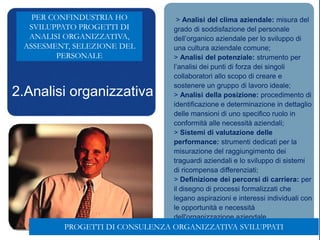 2.Analisi organizzativa
> Analisi del clima aziendale: misura del
grado di soddisfazione del personale
dell’organico aziendale per lo sviluppo di
una cultura aziendale comune;
> Analisi del potenziale: strumento per
l’analisi dei punti di forza dei singoli
collaboratori allo scopo di creare e
sostenere un gruppo di lavoro ideale;
> Analisi della posizione: procedimento di
identificazione e determinazione in dettaglio
delle mansioni di uno specifico ruolo in
conformità alle necessità aziendali;
> Sistemi di valutazione delle
performance: strumenti dedicati per la
misurazione del raggiungimento dei
traguardi aziendali e lo sviluppo di sistemi
di ricompensa differenziati;
> Definizione dei percorsi di carriera: per
il disegno di processi formalizzati che
legano aspirazioni e interessi individuali con
le opportunità e necessità
dell'organizzazione aziendale.
PROGETTI DI CONSULENZA ORGANIZZATIVA SVILUPPATI
PER CONFINDUSTRIA HO
SVILUPPATO PROGETTI DI
ANALISI ORGANIZZATIVA,
ASSESMENT, SELEZIONE DEL
PERSONALE
 