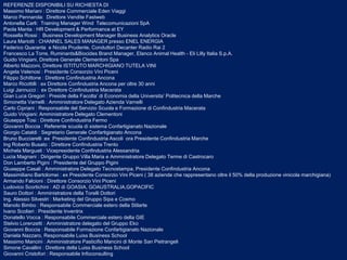 REFERENZE DISPONIBILI SU RICHIESTA DI
Massimo Mariani : Direttore Commerciale Eden Viaggi
Marco Pennarola: Direttore Vendite Fastweb
Antonella Carli: Training Manager Wind Telecomunicazioni SpA
Paola Manta : HR Development & Performance at EY
Rossella Rossi : Business Development Manager Business Analytics Oracle
Laura Mariotti : CHANNEL SALES MANAGER presso ENEL ENERGIA
Federico Quaranta e Nicola Prudente, Conduttori Decanter Radio Rai 2
Francesco La Torre, Ruminants&Biocides Brand Manager, Elanco Animal Health - Eli Lilly Italia S.p.A.
Guido Vingiani, Direttore Generale Clementoni Spa
Alberto Mazzoni, Direttore ISTITUTO MARCHIGIANO TUTELA VINI
Angela Velenosi : Presidente Consorzio Vini Piceni
Filippo Schittone : Direttore Confindustria Ancona
Marco Ricottilli : ex Direttore Confindustria Ancona per oltre 30 anni
Luigi Jannucci : ex Direttore Confindustria Macerata
Gian Luca Gregori : Preside della Facolta’ di Economia della Universita’ Politecnica della Marche
Simonetta Varnelli : Amministratore Delegato Azienda Varnelli
Carlo Cipriani : Responsabile del Servizio Scuola e Formazione di Confindustria Macerata
Guido Vingiani: Amministratore Delegato Clementoni
Giuseppe Tosi : Direttore Confindustria Fermo
Giovanni Boccia : Referente scuola di sistema Confartigianato Nazionale
Giorgio Cataldi : Segretario Generale Confartigianato Ancona
Bruno Bucciarelli :ex Presidente Confindustria Ascoli ora Presidente Confindustria Marche
Ing Roberto Busato : Direttore Confindustria Trento
Michela Marguati : Vicepresidente Confindustria Alessandria
Lucia Magnani : Dirigente Gruppo Villa Maria e Amministratore Delegato Terme di Castrocaro
Don Lamberto Pigini : Presidente del Gruppo Pigini
Giuseppe Casali : Amministratore Delegato Tecnostampa, Presidente Confindustria Ancona
Massimiliano Bartolomei : ex Presidente Consorzio Vini Piceni ( 38 aziende che rappresentano oltre il 50% della produzione vinicola marchigiana)
Armando Falcioni : Direttore Consorzio Vini Piceni
Ludovico Scortichini : AD di GOASIA, GOAUSTRALIA,GOPACIFIC
Sauro Dottori : Amministratore della Torelli Dottori
Ing. Alessio Silvestri : Marketing del Gruppo Sipa e Cosmo
Manolo Bimbo : Responsabile Commerciale estero della Stilarte
Ivano Scolieri : Presidente Inventrix
Donatello Vocca : Responsabile Commerciale estero della GIE
Stelvio Lorenzetti : Amministratore delegato del Gruppo Eko
Giovanni Boccia : Responsabile Formazione Confartigianato Nazionale
Daniela Nazzaro, Responsabile Luiss Business School
Massimo Mancini : Amministratore Pasticifio Mancini di Monte San Pietrangeli
Simone Cavallini : Direttore della Luiss Business School
Giovanni Cristofori : Responsabile Infoconsulting
 