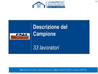 40
Descrizione del
Campione
33 lavoratori
PROGETTI DI CONSULENZA ORGANIZZATIVA SVILUPPATI
 