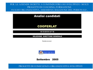 R I S E R V A T O
Analisi candidati
COOPERLAT
SELEZIONE DIRETTORE GENERALE
Settembre 2005
Giustini - Micozzi
Risultati provvisori
PROGETTI DI CONSULENZA ORGANIZZATIVA SVILUPPATI
PER LE AZIENDE ISCRITTE A CONFINDUSTRIA HO SVILUPPATO MOLTI
PROGETTI DI COACHING, FORMAZIONE
ANALISI ORGANIZZATIVA, ASSESMENT, SELEZIONE DEL PERSONALE ,
 