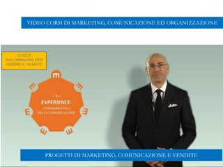 CLICCA
SULL’IMMAGINE PER
VEDERE IL FILMATO
PROGETTI DI MARKETING, COMUNICAZIONE E VENDITE
VIDEO CORSI DI MARKETING, COMUNICAZIONE ED ORGANIZZAZIONE
 