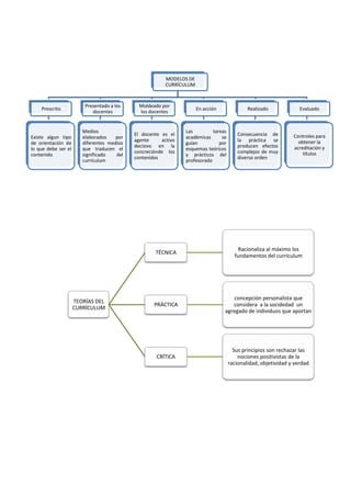 MODELOS DE
CURRÍCULUM

Prescrito

Presentado a los
docentes

Moldeado por
los docentes

En acción

Realizado

Evaluado

Existe algun tipo
de orientación de
lo que debe ser el
contenido

Medios
elaborados
por
diferentes medios
que traducen el
significado
del
currículum

El docente es el
agente
activo
decisivo en la
concreciónde los
contenidos

Las
tareas
académicas
se
guían
por
esquemas teóricos
y prácticos del
profesorado

Consecuencia de
la práctica se
producen efectos
complejos de muy
diverso orden

Controles para
obtener la
acreditación y
títulos

TÉCNICA

TEORÍAS DEL
CURRÍCULUM

Racionaliza al máximo los
fundamentos del currículum

PRÁCTICA

concepción personalista que
considera a la socidedad un
agregado de individuos que aportan

CRÍTICA

Sus principios son rechazar las
nociones positivistas de la
racionalidad, objetividad y verdad

 