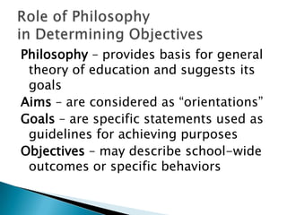 Philosophy – provides basis for general
 theory of education and suggests its
 goals
Aims – are considered as “orientations”
Goals – are specific statements used as
 guidelines for achieving purposes
Objectives – may describe school-wide
 outcomes or specific behaviors
 