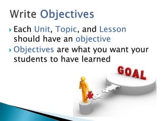 Each Unit, Topic, and Lesson
should have an objective
 Objectives are what you want your
students to have learned
 