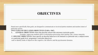 OBJECTIVES
Stated more specifically than goals, are designed to communicate to involved parties-students and teachers intent of
particular actions.
TWO TYPES OF EDUCATION OBJECTIVES (TABA- 1962)
I. GENERAL OBJECTIVES- those that describe school-wide outcomes (curricular goals).
Example: improving students skills in information processing when dealing with science materials.
II. SPECIFIC OBJECTIVES- more specific an describe behaviors to be attained in a particular unit, a subject/course
or a particular grade level programme ( curricular objectives)
seek to identify kinds of objectives like cognitive, the effective and the psychomotor domains.
 