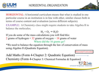 HORIZONTAL ORGANIZATION
HORIZONTAL- A horizontal curriculum means that what is studied in one
particular course in an institution is in line with other, similar classes both in
terms of course content and evaluation (across different subjects).
EXAMPLE: A Chemistry class might require students to take Algebra II to
balance the molecules;
H2 + O2 g H2O
If you do some of the mass calculations you will find this:
2 grams of hydrogen + 32 grams of oxygen = 18 grams of water
Where did the 16 grams go?
*We need to balance the equation through the law of conservation of mass
using Algebra II (Quadratic Equation).
Horizontal Curriculum
Add Maths (Form 4-Chapter 2: Quadratic Equation)
Chemistry (Form 4-Chapter 3: Chemical Formulae & Equation)
17
 