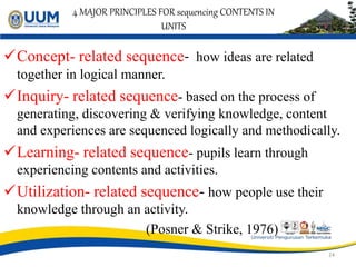 4 MAJOR PRINCIPLES FOR sequencing CONTENTS IN
UNITS
Concept- related sequence- how ideas are related
together in logical manner.
Inquiry- related sequence- based on the process of
generating, discovering & verifying knowledge, content
and experiences are sequenced logically and methodically.
Learning- related sequence- pupils learn through
experiencing contents and activities.
Utilization- related sequence- how people use their
knowledge through an activity.
(Posner & Strike, 1976)
24
 