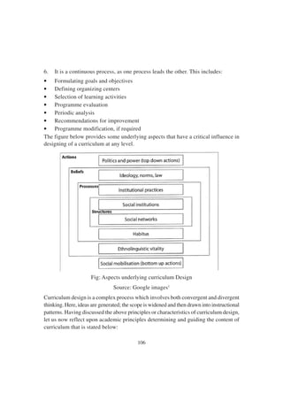 106
6. It is a continuous process, as one process leads the other. This includes:
• Formulating goals and objectives
• Defining organizing centers
• Selection of learning activities
• Programme evaluation
• Periodic analysis
• Recommendations for improvement
• Programme modification, if required
The figure below provides some underlying aspects that have a critical influence in
designing of a curriculum at any level.
Fig: Aspects underlying curriculum Design
Source: Google images1
Curriculum design is a complex process which involves both convergent and divergent
thinking. Here, ideas are generated; the scope is widened and then drawn into instructional
patterns. Having discussed the above principles or characteristics of curriculum design,
let us now reflect upon academic principles determining and guiding the content of
curriculum that is stated below:
 
