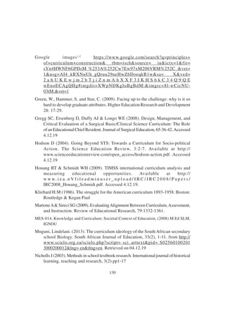 130
Google images1,2
https://www.google.com/search?q=principles+
of+curriculum+construction& tbm=isch&source= iu&ictx=1&fir=
sYn4HWNF6GPDsM %253A%252Cw7Ew97xM206VRM%252C_&vet=
1&usg=AI4_kRXNuUh_gQruu29ueHwZ6DoeqkB1w&sa= X&ved=
2 a h U K E w j m 2 b T j i Z n m A h X X F 3 I K H S 6 k C 3 4 Q 9 Q E
wEnoECAgQHg#imgdii=XWpNDKgIuBgBdM:&imgrc=8l-wCicNU-
03tM:&vet=1
Green, W., Hammer, S. and Star, C. (2009). Facing up to the challenge: why is it so
hard to develop graduate attributes. Higher Education Research and Development
28: 17-29.
Gregg SC, Eisenberg D, Duffy AJ & Longo WE (2008). Design, Management, and
Critical Evaluation of a Surgical Basic/Clinical Science Curriculum: The Role
of an Educational Chief Resident. Journal of Surgical Education, 65:36-42.Accessed
4.12.19
Hodson D (2004). Going Beyond STS: Towards a Curriculum for Socio-political
Action. The Science Education Review, 3:2-7. Available at http://
www.scienceeducationreview.com/open_access/hodson-action.pdf. Accessed
4.12.19
Houang RT & Schmidt WH (2009). TIMSS international curriculum analysis and
measuring educational opportunities. Available at http://
w w w. i e a . n V f i l e a d m i n u s e r _ u p l o a d / I R C / I R C 2 0 0 8 / P a p e r s /
IRC2008_Houang_Schmidt.pdf. Accessed 4.12.19.
Kliebard H.M (1986). The struggle for the American curriculum 1893-1958. Boston:
Routledge & Kegan Paul
MartoneA& Sireci SG (2009). EvaluatingAlignment Between Curriculum,Assessment,
and Instruction. Review of Educational Research, 79:1332-1361.
MES-014, Knowledge and Curriculum: Societal Context of Education, (2008) M.Ed SLM,
IGNOU
Mnguni, Lindelani. (2013). The curriculum ideology of the South African secondary
school Biology. South African Journal of Education, 33(2), 1-11. from http://
www.scielo.org.za/scielo.php?script= sci_arttext&pid= S02560100201
3000200012&lng= en&tlng=en. Retrieved on 04.12.19
Nicholls J (2003). Methods in school textbook research. International journal of historical
learning, teaching and research, 3(2) pp1-17
 