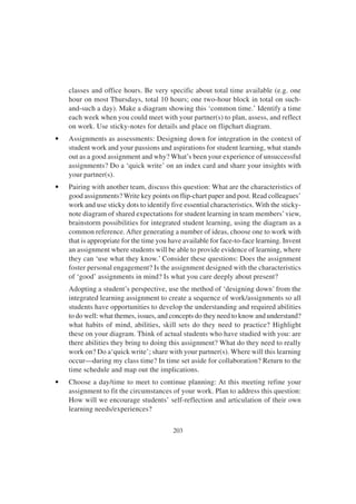203
classes and office hours. Be very specific about total time available (e.g. one
hour on most Thursdays, total 10 hours; one two-hour block in total on such-
and-such a day). Make a diagram showing this ‘common time.’ Identify a time
each week when you could meet with your partner(s) to plan, assess, and reflect
on work. Use sticky-notes for details and place on flipchart diagram.
• Assignments as assessments: Designing down for integration in the context of
student work and your passions and aspirations for student learning, what stands
out as a good assignment and why? What’s been your experience of unsuccessful
assignments? Do a ‘quick write’ on an index card and share your insights with
your partner(s).
• Pairing with another team, discuss this question: What are the characteristics of
good assignments? Write key points on flip-chart paper and post. Read colleagues’
work and use sticky dots to identify five essential characteristics. With the sticky-
note diagram of shared expectations for student learning in team members’view,
brainstorm possibilities for integrated student learning, using the diagram as a
common reference. After generating a number of ideas, choose one to work with
that is appropriate for the time you have available for face-to-face learning. Invent
an assignment where students will be able to provide evidence of learning, where
they can ‘use what they know.’ Consider these questions: Does the assignment
foster personal engagement? Is the assignment designed with the characteristics
of ‘good’ assignments in mind? Is what you care deeply about present?
Adopting a student’s perspective, use the method of ‘designing down’ from the
integrated learning assignment to create a sequence of work/assignments so all
students have opportunities to develop the understanding and required abilities
to do well: what themes, issues, and concepts do they need to know and understand?
what habits of mind, abilities, skill sets do they need to practice? Highlight
these on your diagram. Think of actual students who have studied with you: are
there abilities they bring to doing this assignment? What do they need to really
work on? Do a‘quick write’; share with your partner(s). Where will this learning
occur—during my class time? In time set aside for collaboration? Return to the
time schedule and map out the implications.
• Choose a day/time to meet to continue planning: At this meeting refine your
assignment to fit the circumstances of your work. Plan to address this question:
How will we encourage students’ self-reflection and articulation of their own
learning needs/experiences?
 
