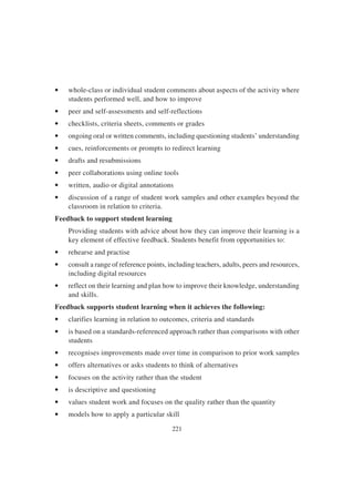 221
• whole-class or individual student comments about aspects of the activity where
students performed well, and how to improve
• peer and self-assessments and self-reflections
• checklists, criteria sheets, comments or grades
• ongoing oral or written comments, including questioning students’ understanding
• cues, reinforcements or prompts to redirect learning
• drafts and resubmissions
• peer collaborations using online tools
• written, audio or digital annotations
• discussion of a range of student work samples and other examples beyond the
classroom in relation to criteria.
Feedback to support student learning
Providing students with advice about how they can improve their learning is a
key element of effective feedback. Students benefit from opportunities to:
• rehearse and practise
• consult a range of reference points, including teachers, adults, peers and resources,
including digital resources
• reflect on their learning and plan how to improve their knowledge, understanding
and skills.
Feedback supports student learning when it achieves the following:
• clarifies learning in relation to outcomes, criteria and standards
• is based on a standards-referenced approach rather than comparisons with other
students
• recognises improvements made over time in comparison to prior work samples
• offers alternatives or asks students to think of alternatives
• focuses on the activity rather than the student
• is descriptive and questioning
• values student work and focuses on the quality rather than the quantity
• models how to apply a particular skill
 